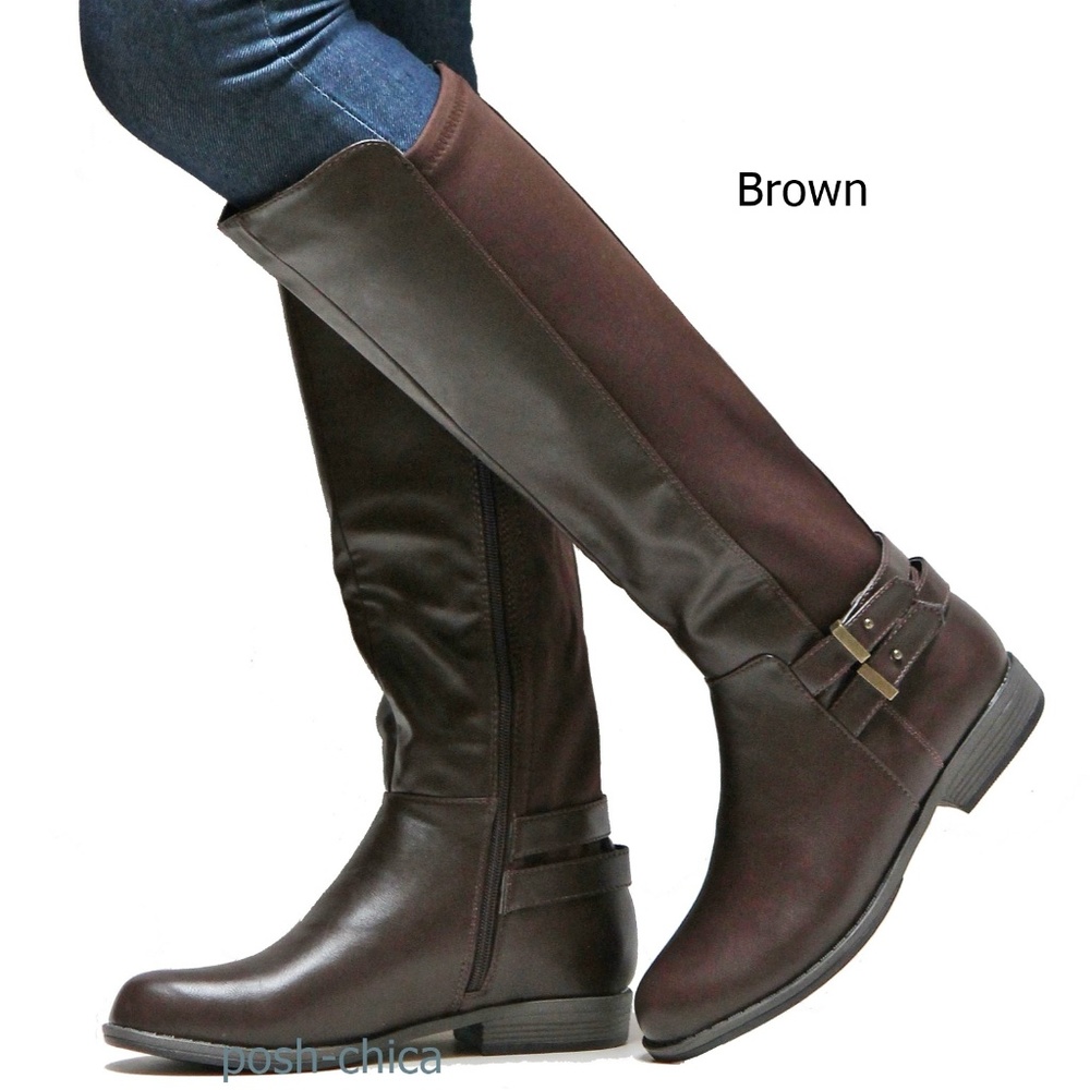 New Brown Elastic Buckle Knee High Riding Boots